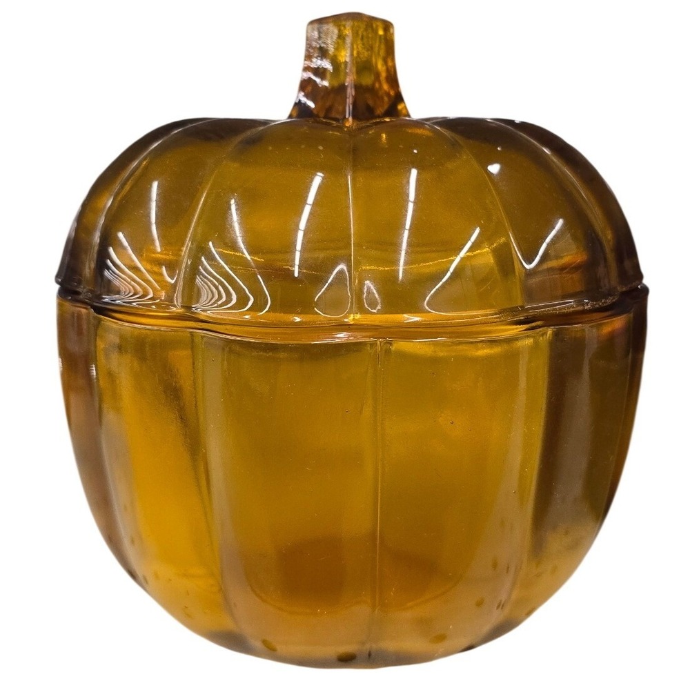 VTG‎ Anchor Hocking Orange Amber Glass Pumpkin Candy Dish + Lid Halloween Fall